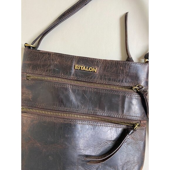 Estalon Brown Leather Crossbody Bag Zip Adjustable Strap OS 9"X 9" Boho Rustic - Picture 7 of 16